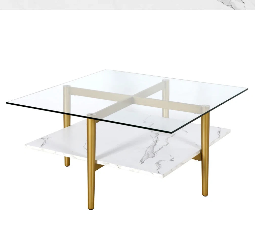 Coffee Table - Brass Finish with Faux Marble Shelf