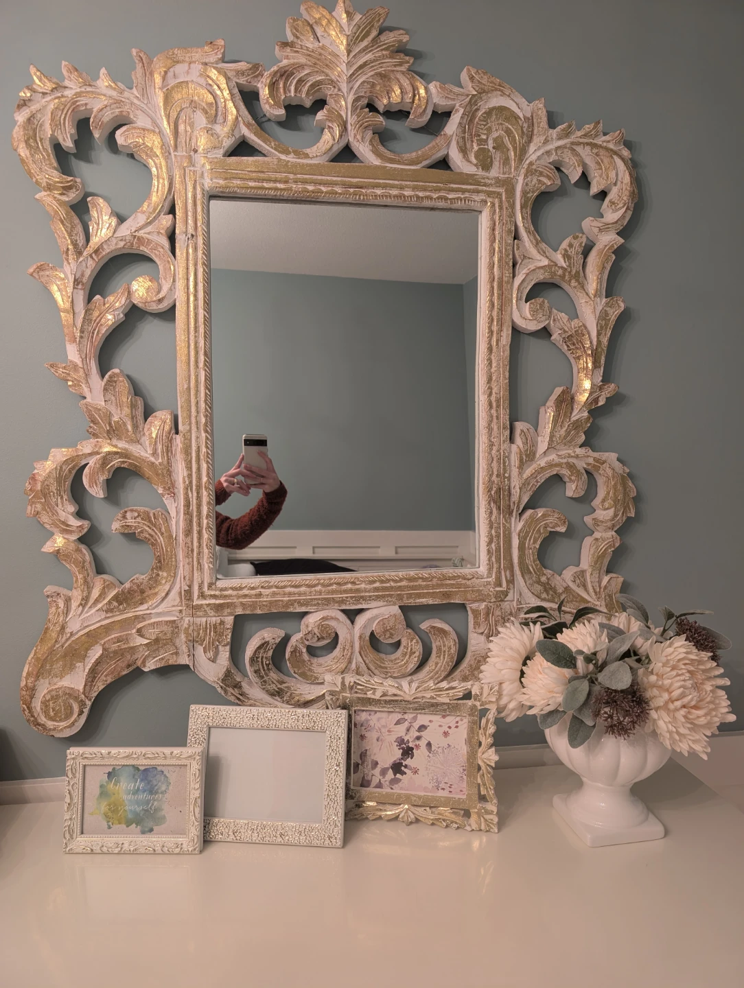 Ornate Carved Mirror with White and Gold Finish