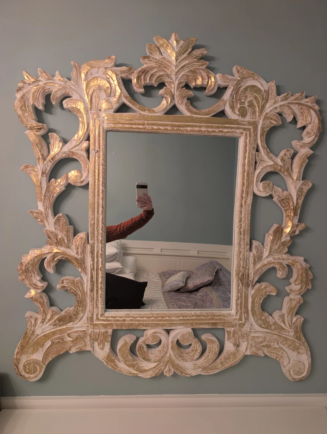 Ornate Carved Mirror with White and Gold Finish - photo 4