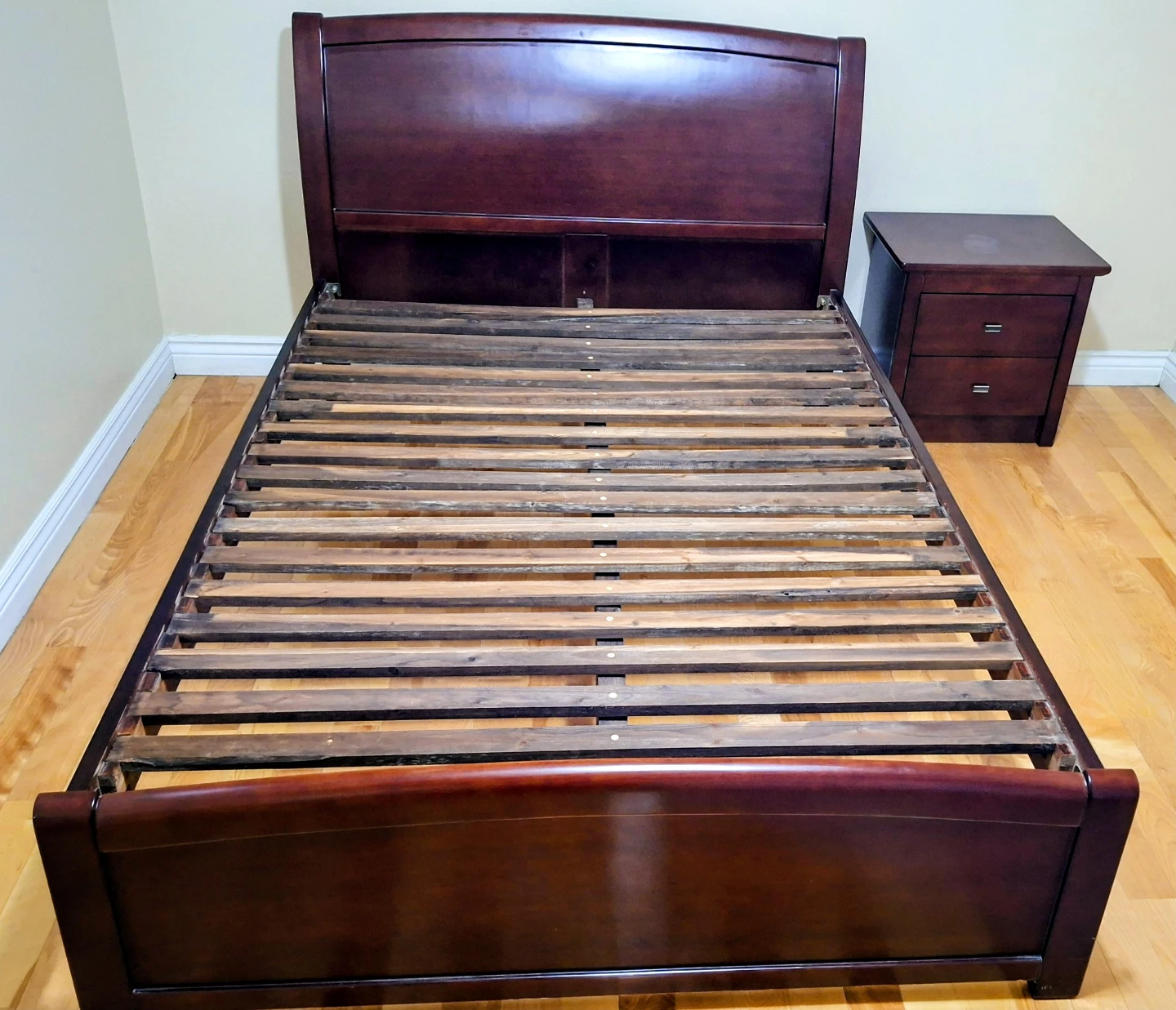 Dark Wood Sleigh Bed Frame - Double size- No box spring needed