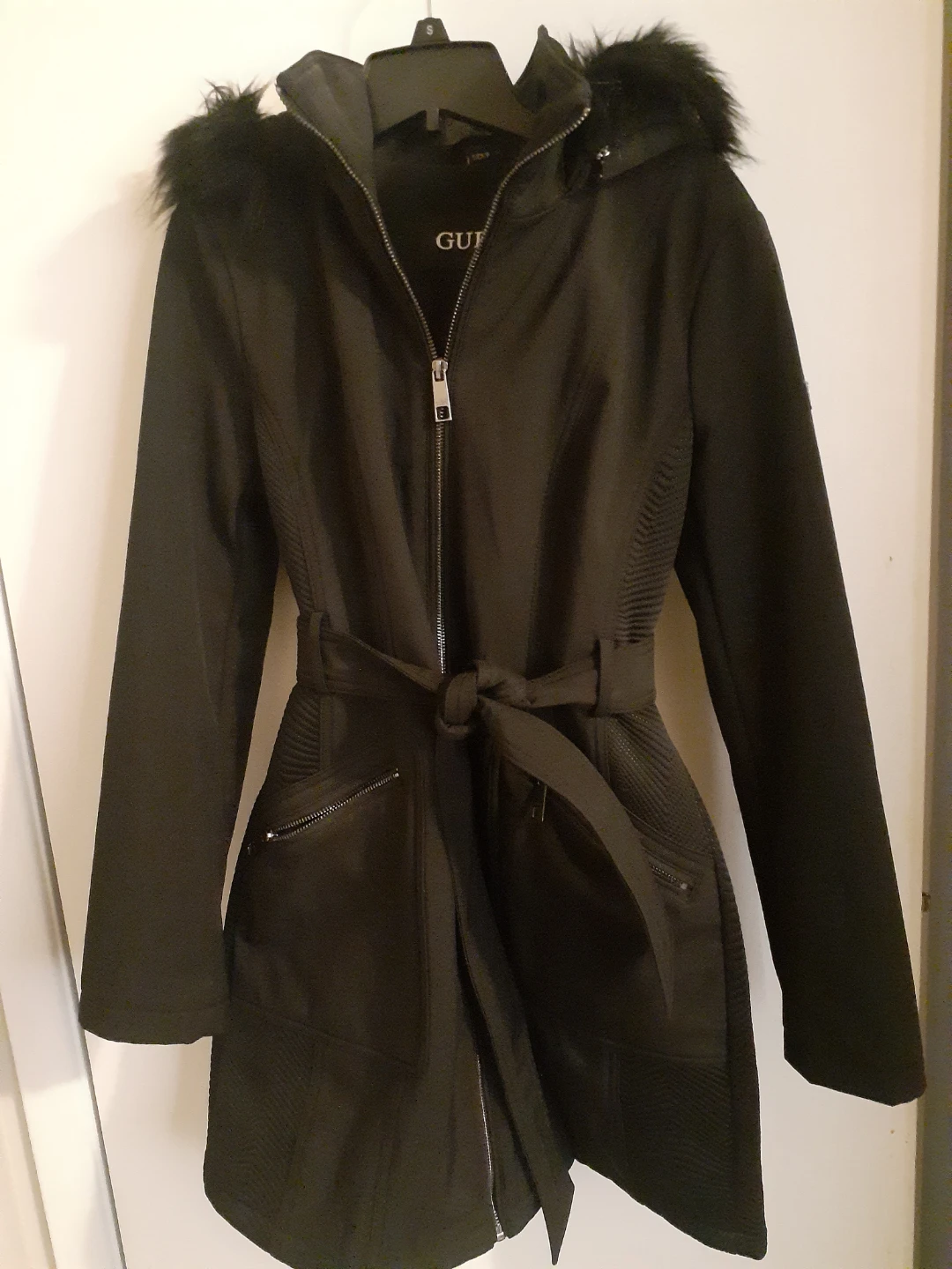 Guess Black Hooded Belted Winter Jacket