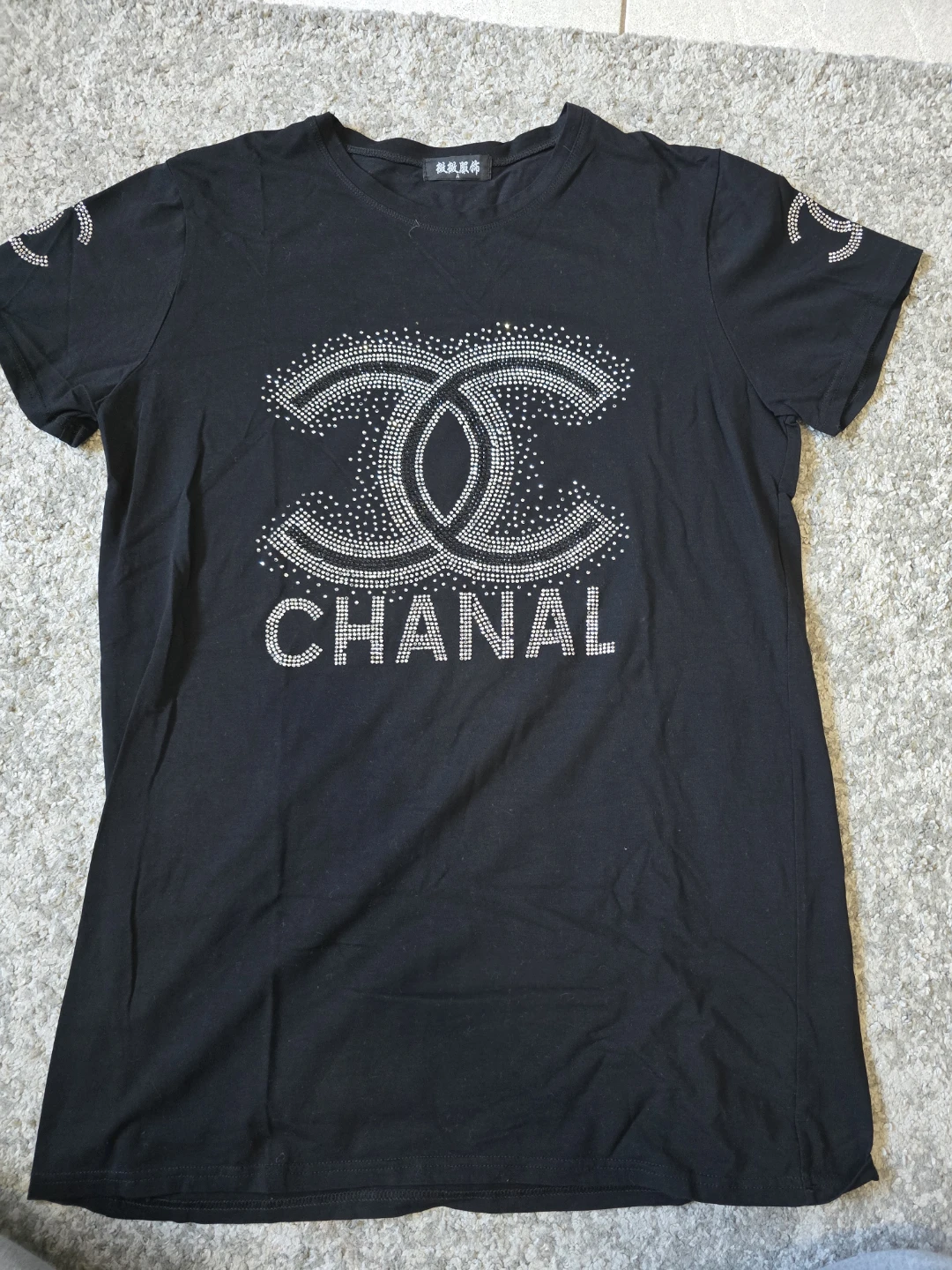 Black T-Shirt with Rhinestone Double C Logo