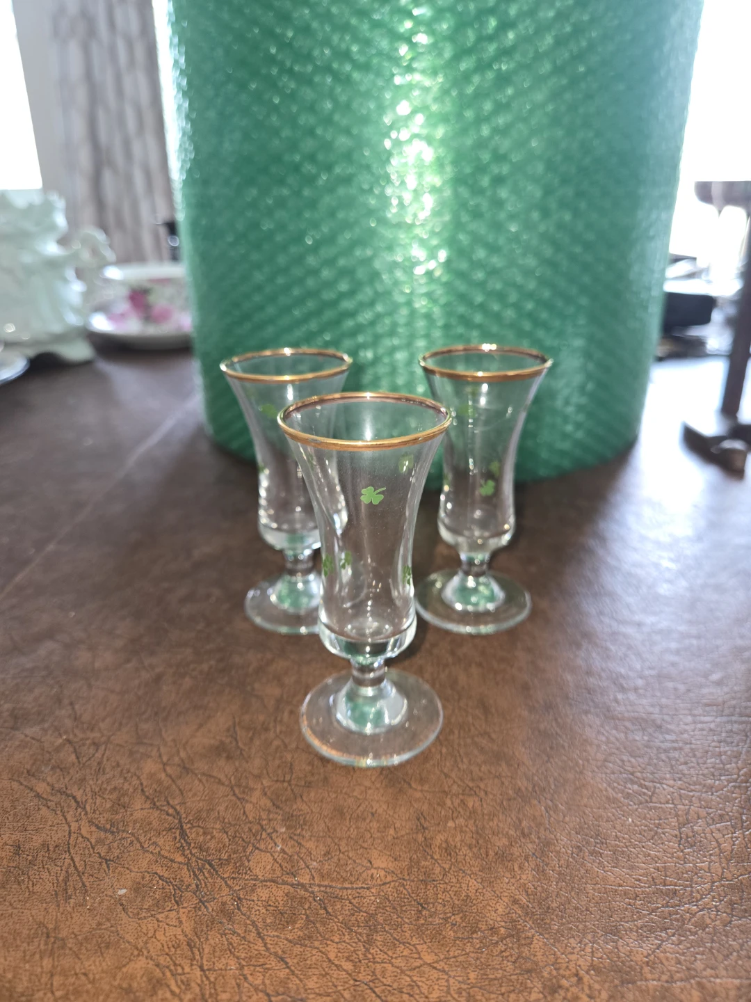 Set of 3 Shot Glasses with Green Shamrocks and Gold Rim