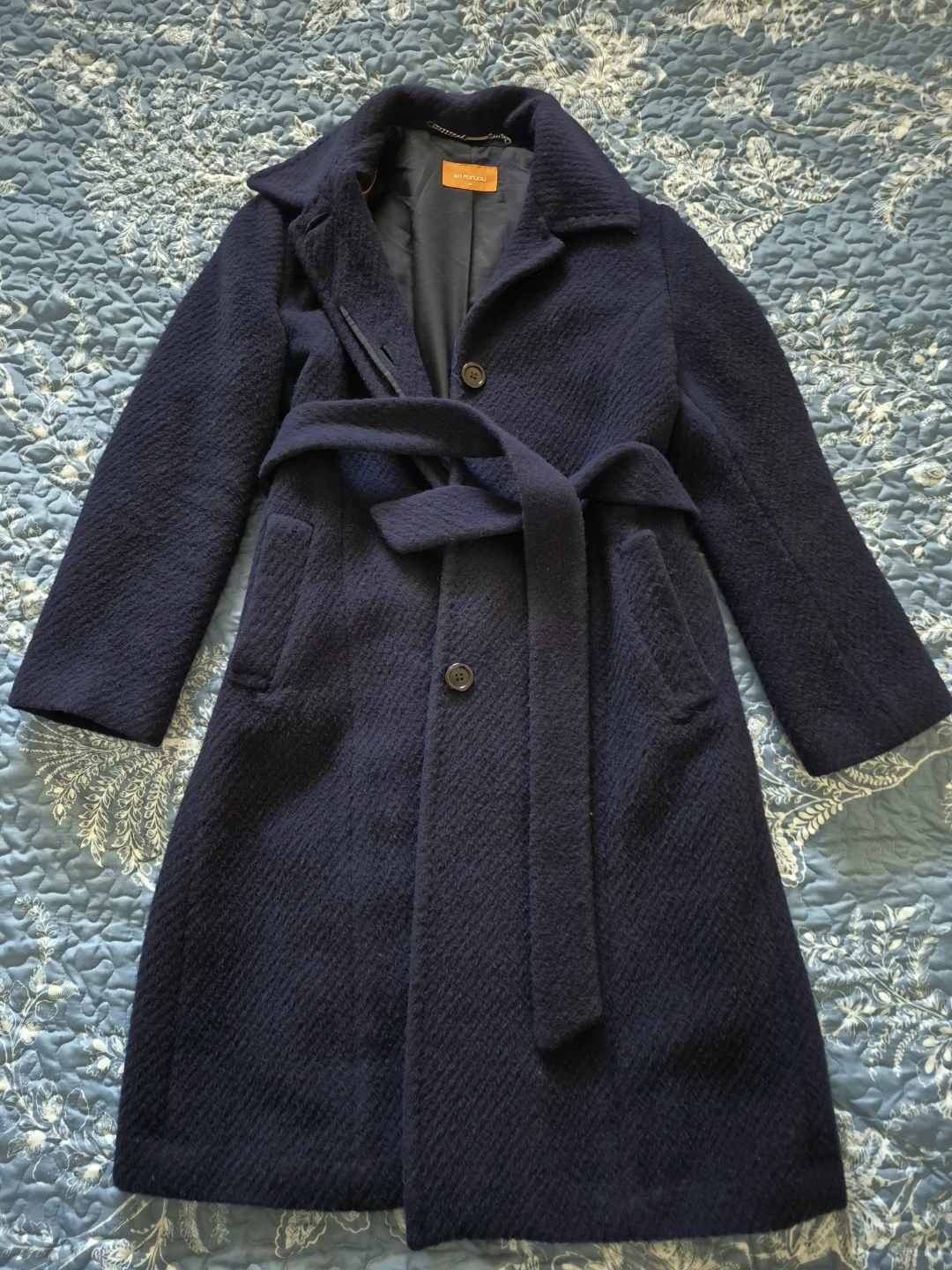 Navy Blue Wool Blend Coat with Belt