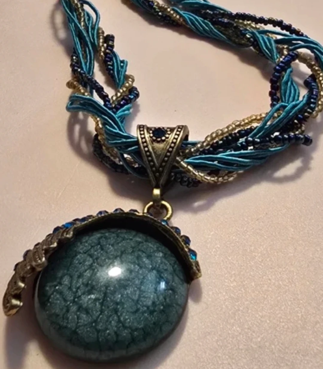 Blue & Gold Beaded Pendant Necklace - photo 3