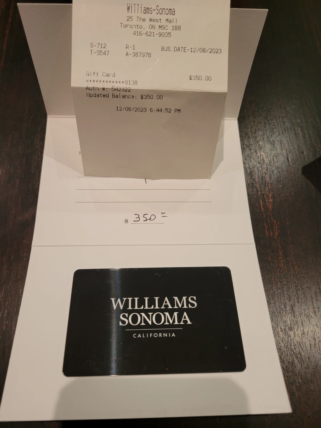 Williams Sonoma $350 Gift Card