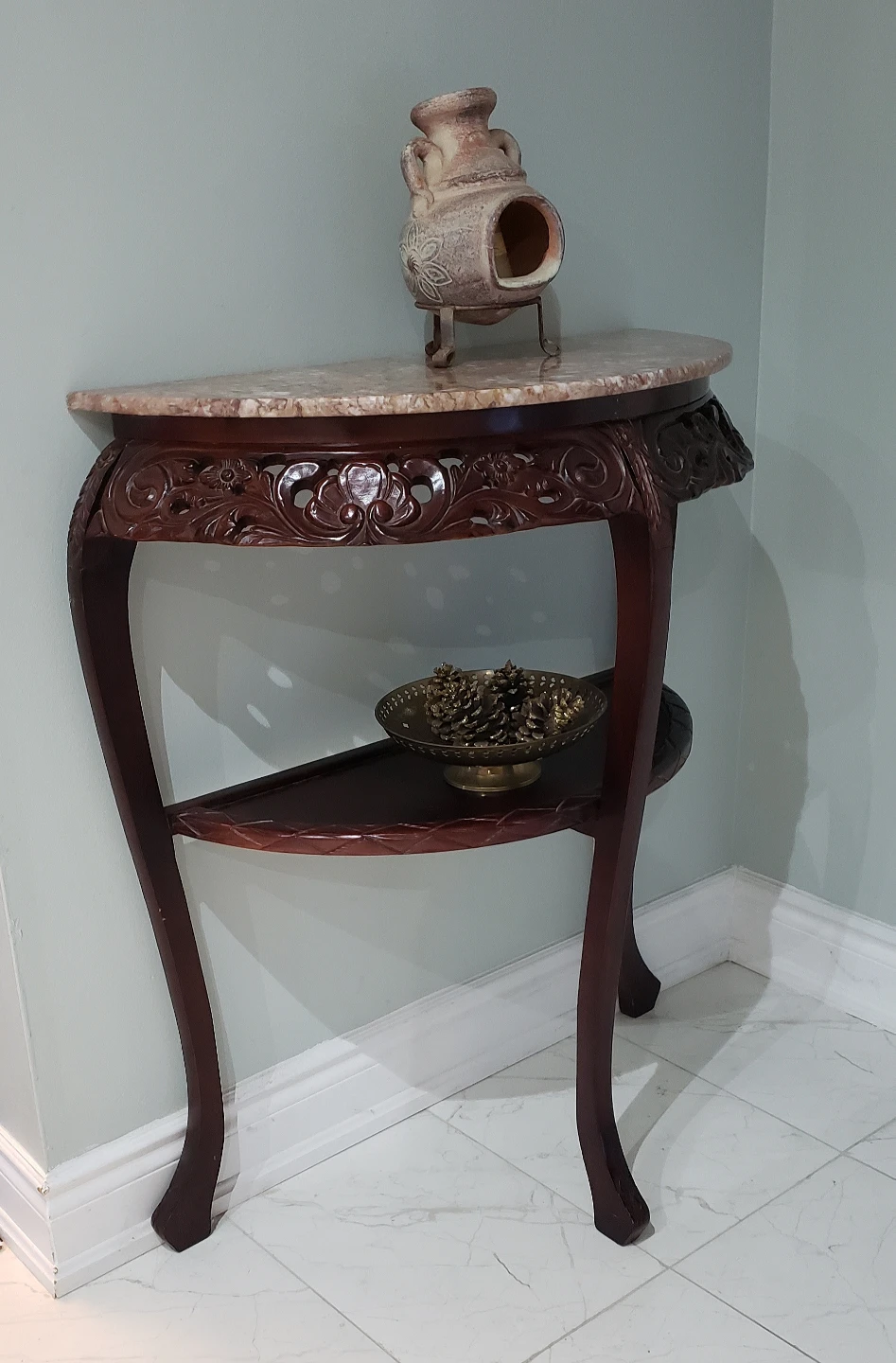 Console Table with Marble Top and Carved Wood Details - photo 2