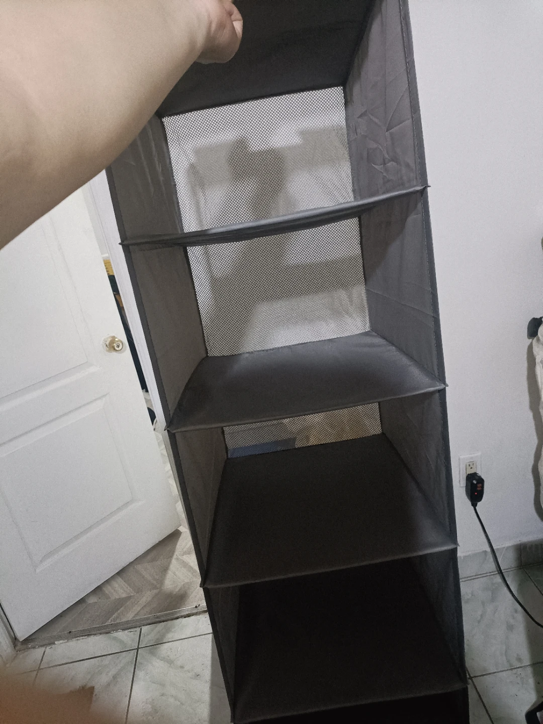 Grey hanging closet organizer