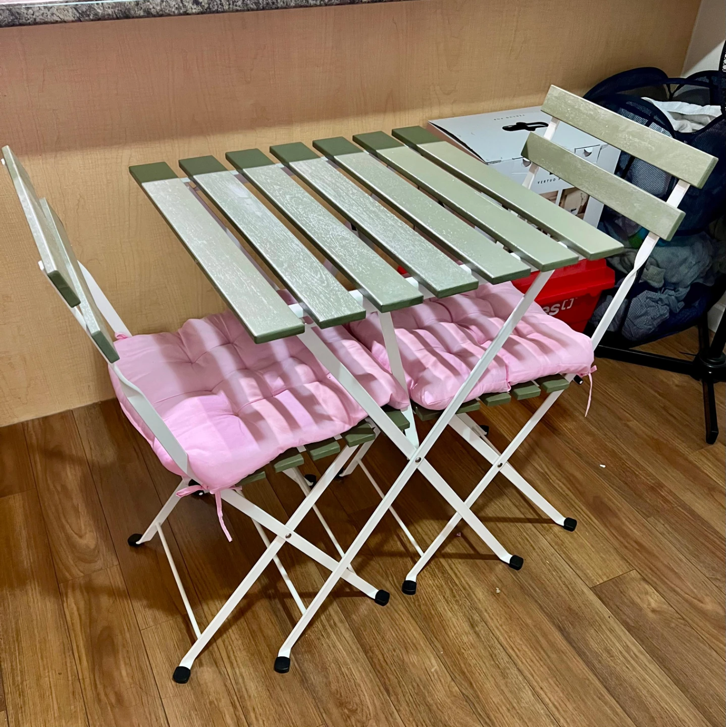 Folding Bistro Table and Chairs Set with Pink Cushions