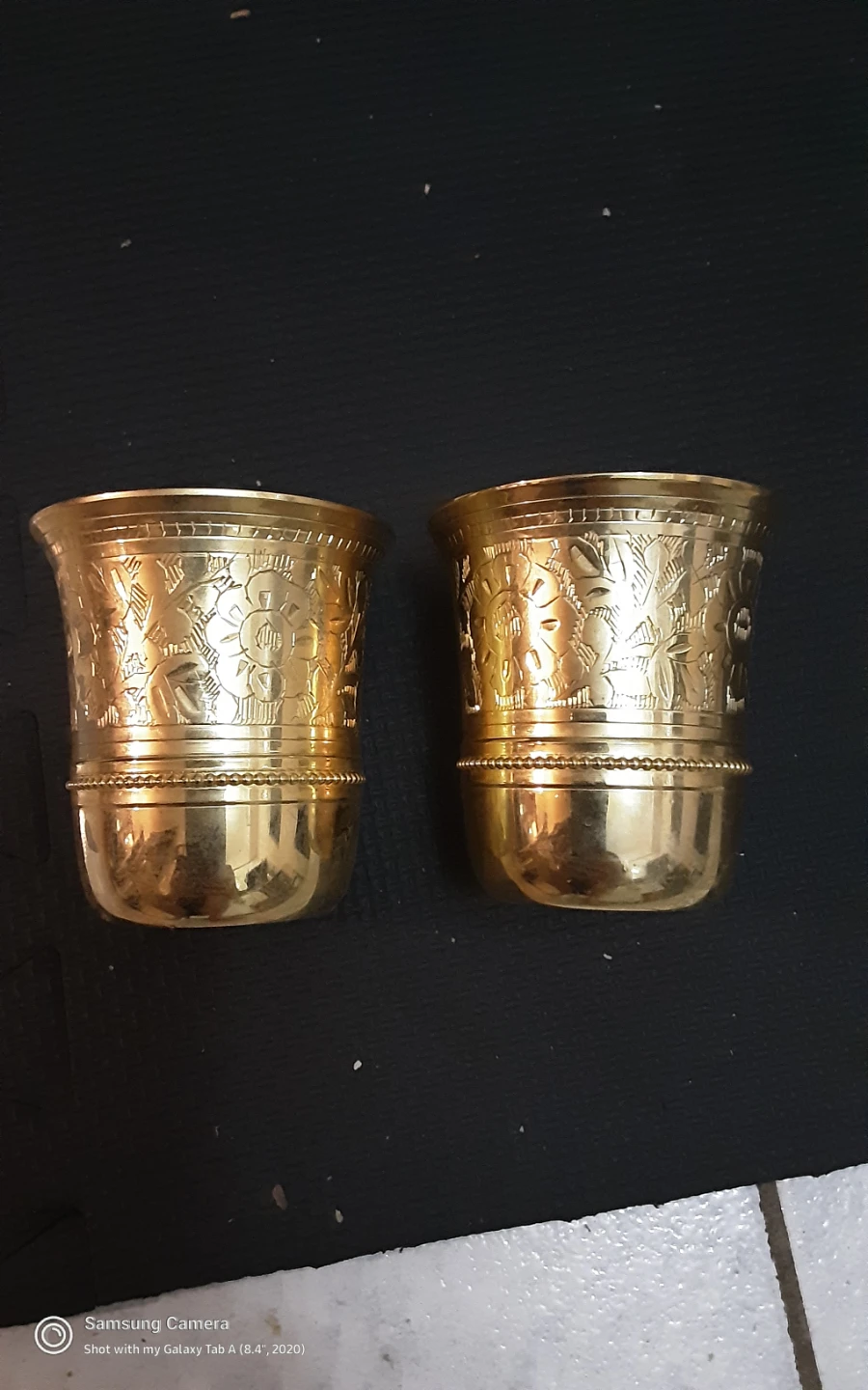 Set of 2 Gold plated Brass Cups with Embossed Floral Design