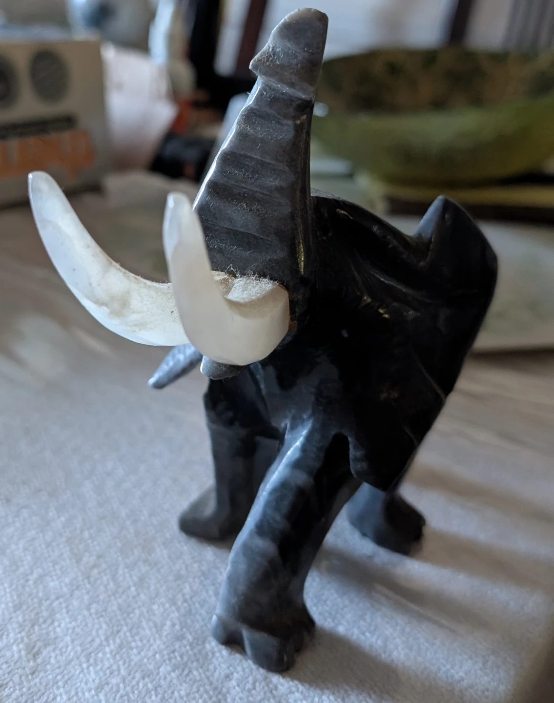 Carved Stone Elephant Figurine with Ivory Tusks - photo 2