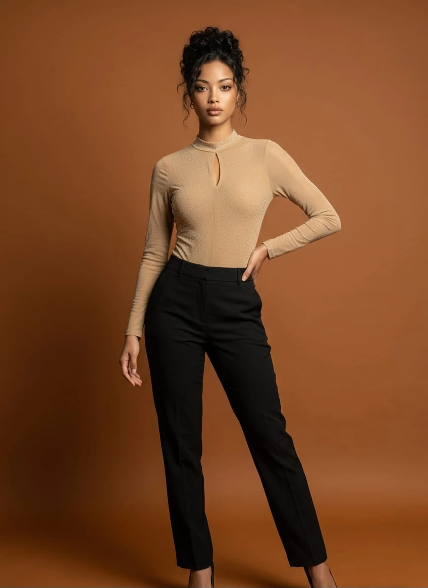 Sheer Beaded Long Sleeve Top - Beige
