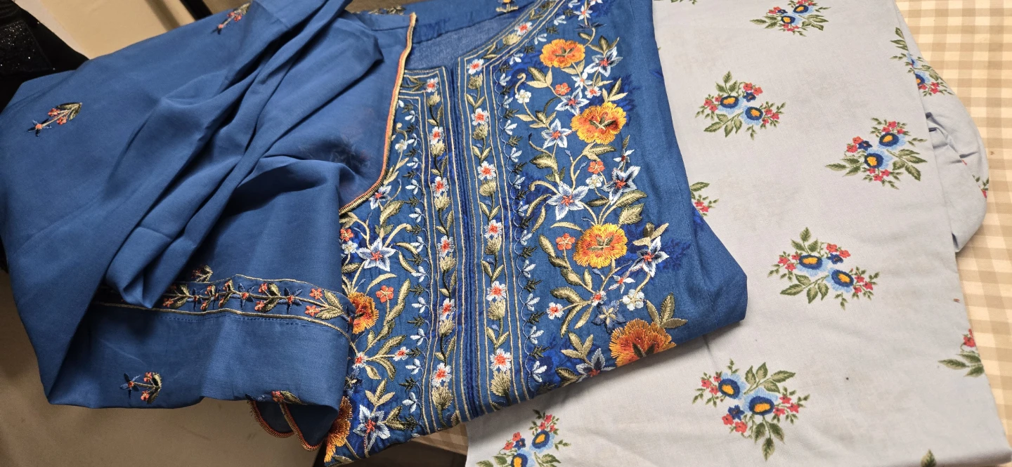 Embroidered Blue Kurti and Pants Set 3 piece