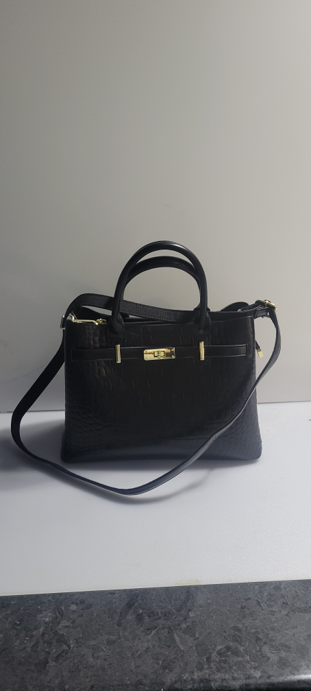 Black Crocodile-Embossed Satchel Handbag with Gold Hardware - photo 2
