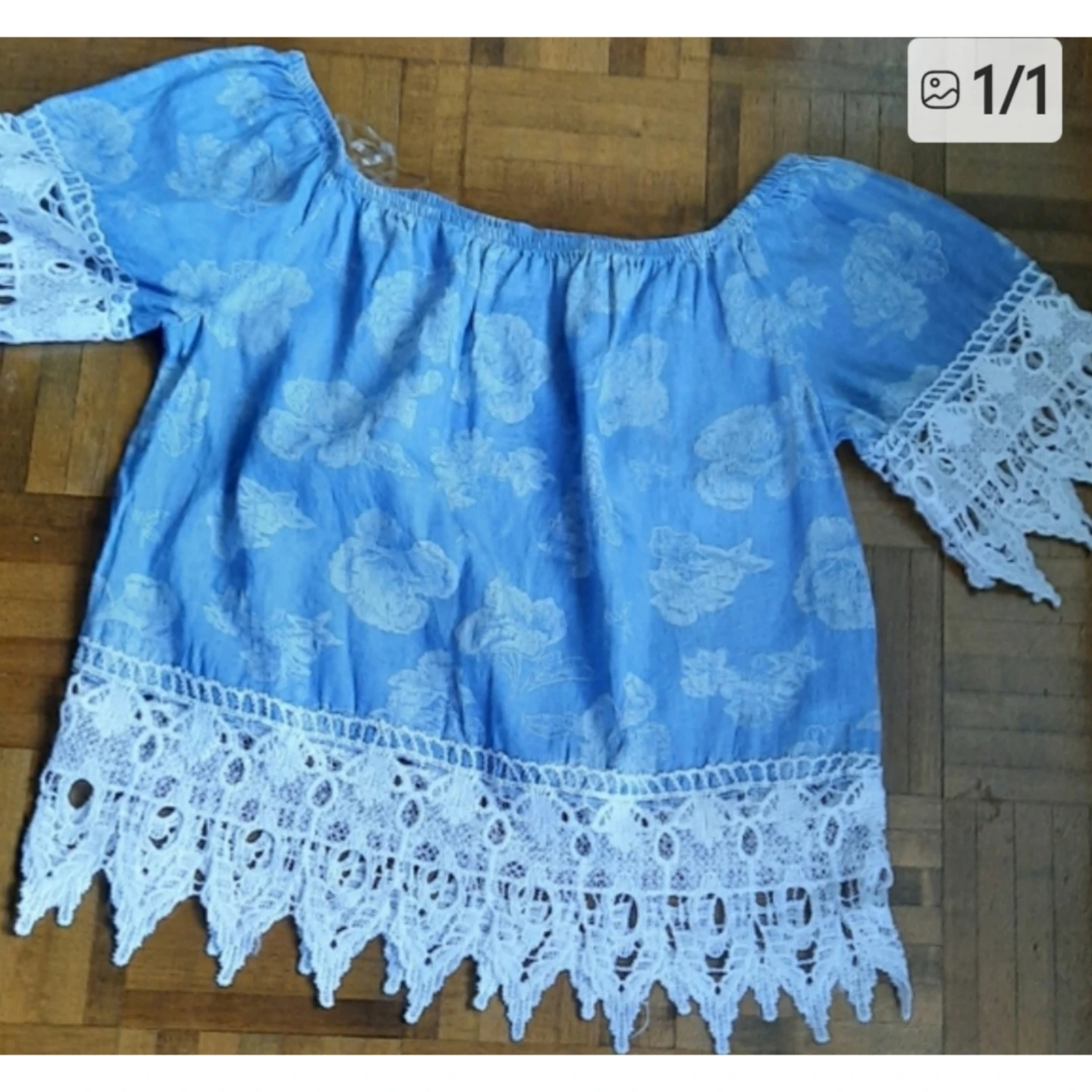 Blue Off-the-Shoulder Top with White Lace Trim