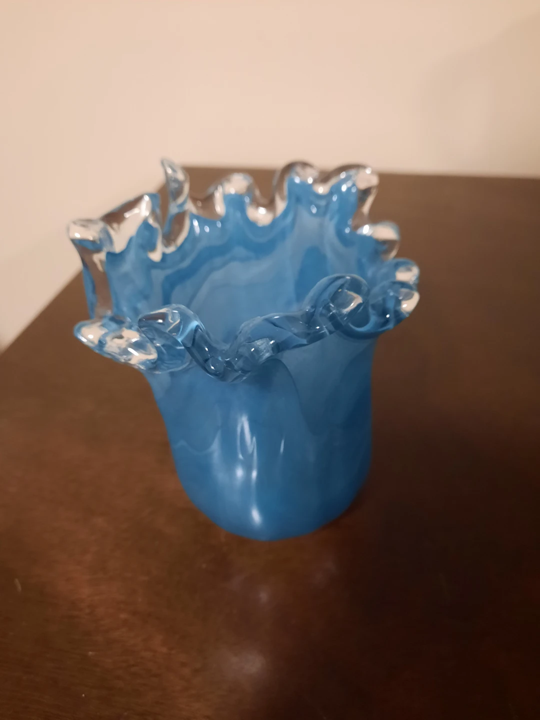 Blue Art  Glass Ruffled Vase