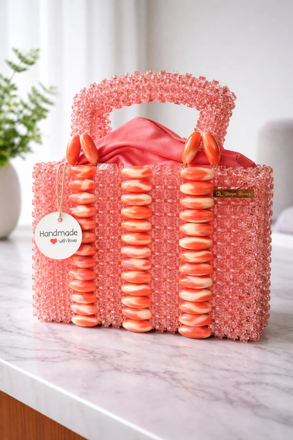 Designer Beaded Handbag - Coral