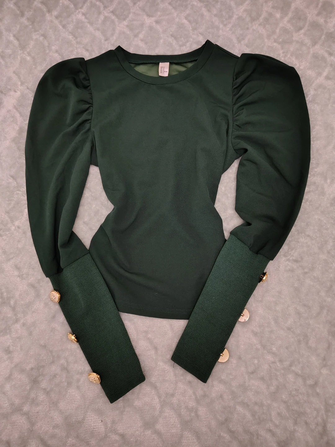Green Puff Sleeve Top with Gold Button Cuffs - small/medium