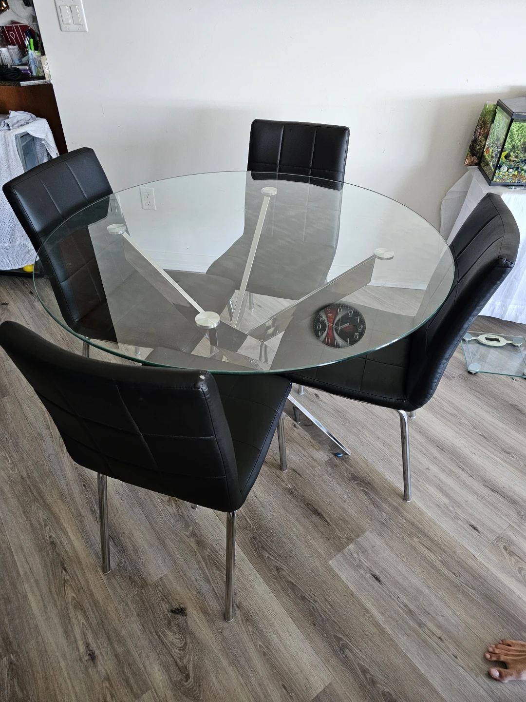 Glass Dining Table with 4 Black Chairs