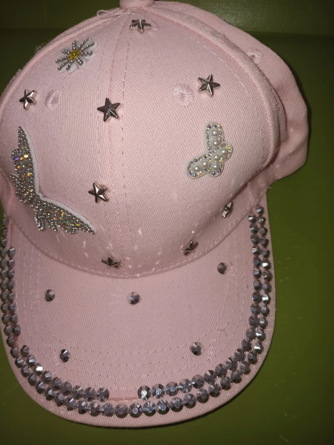 Pink Baseball Cap with Rhinestone Butterflies and Stars