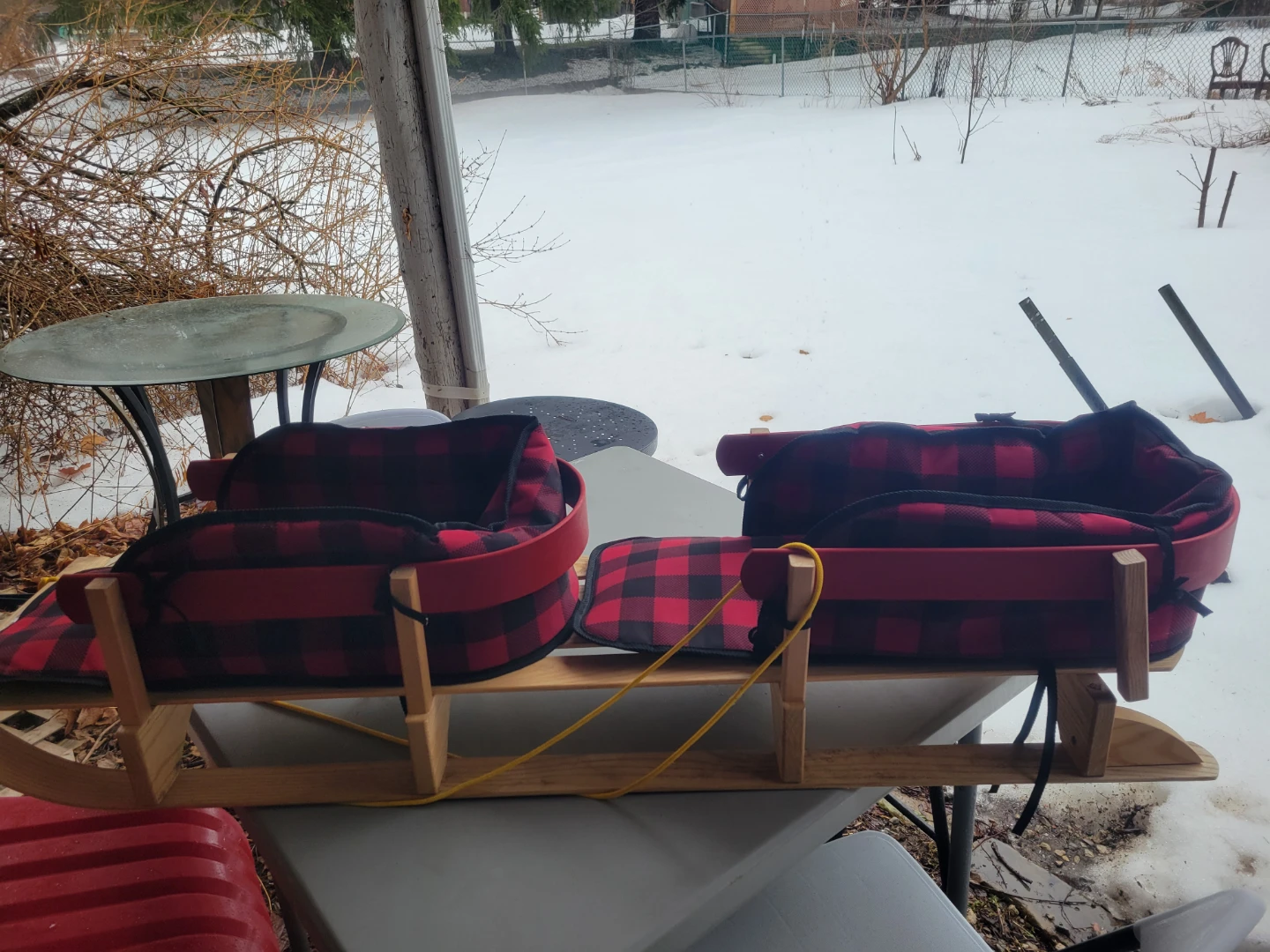 Wooden Toboggan Sled with Buffalo Plaid Padding