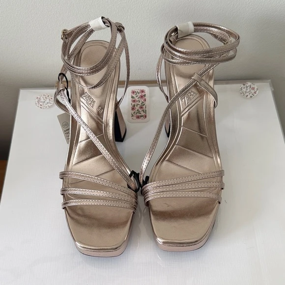 ZARA Rose Gold Platform High Heel Sandals Size 36
