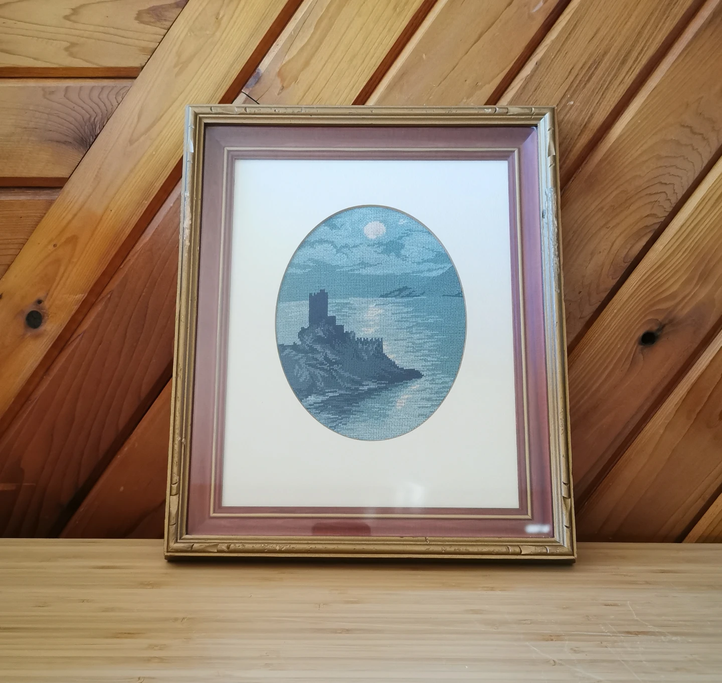 Vintage Framed Needlepoint Coastal Castle Seascape Wall Art