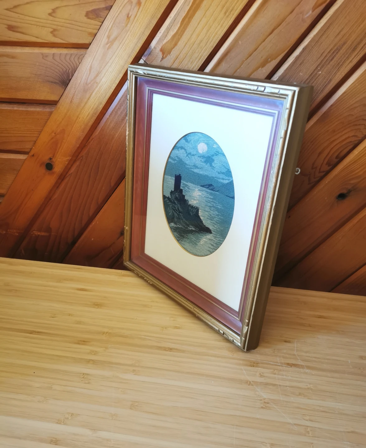 Vintage Framed Needlepoint Coastal Castle Seascape Wall Art - photo 3