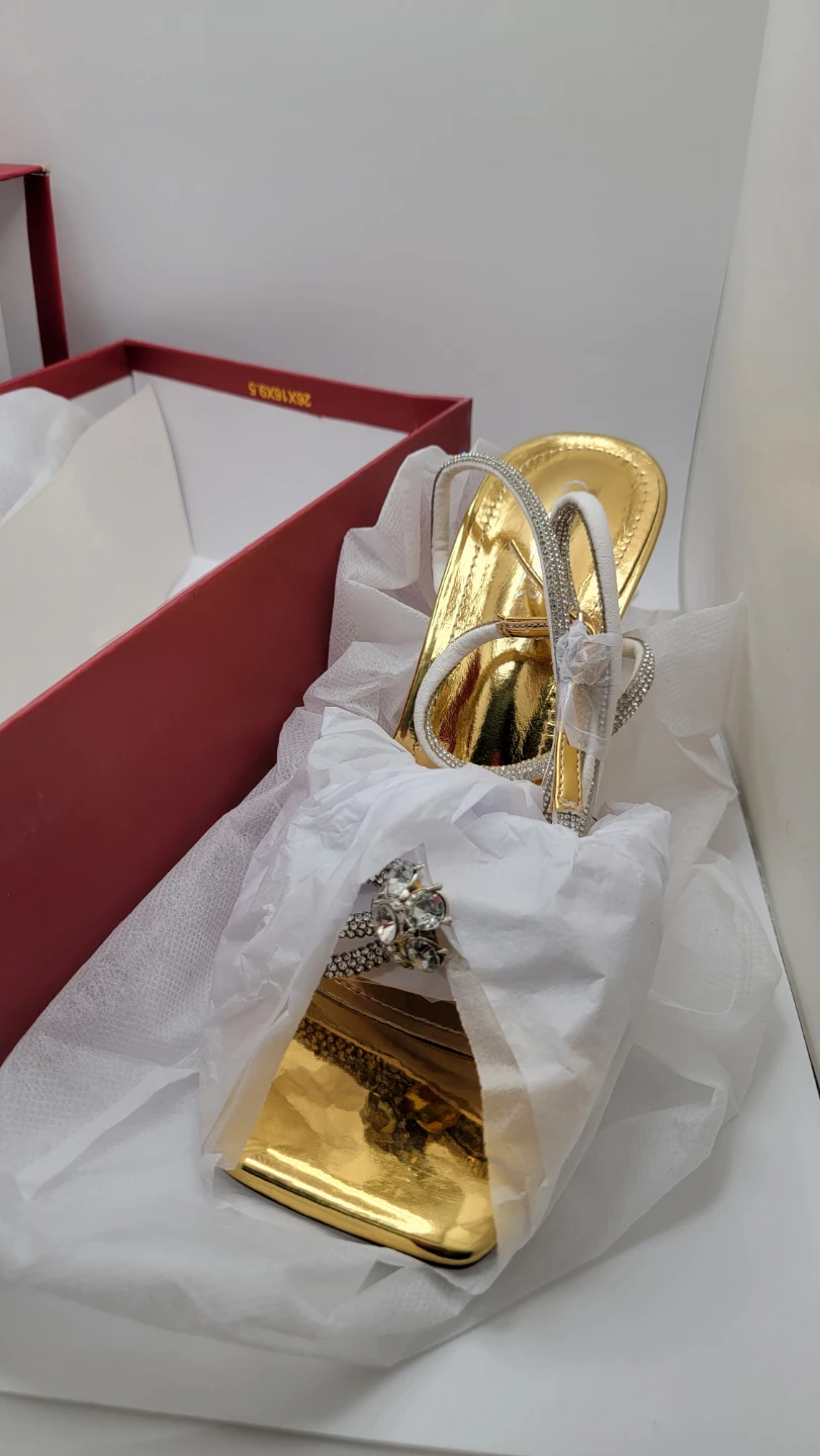 Gold Rhinestone Bow Heels Clear Strap Square Toe Stiletto - photo 5