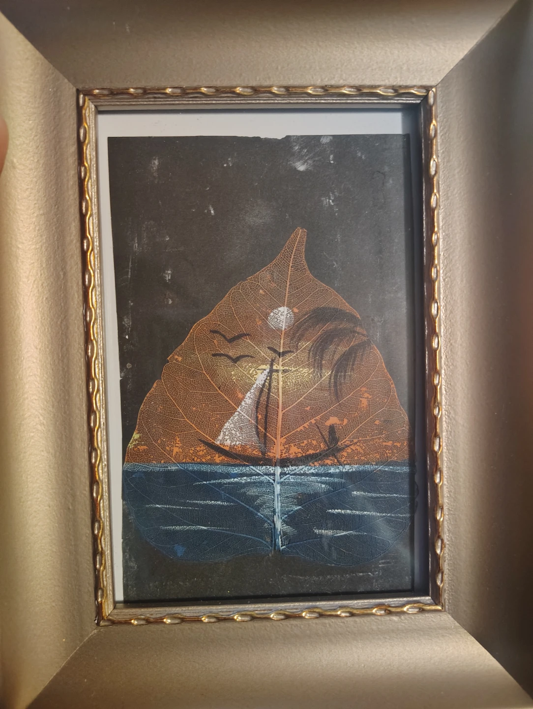 Framed Leaf Art Sailboat Scene