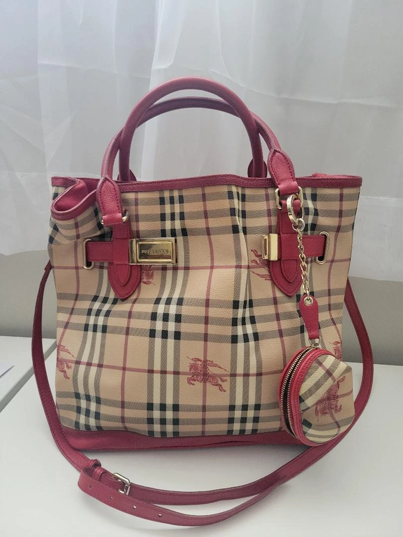 Burberry Haymarket Check Tote Bag with Red Leather Trim