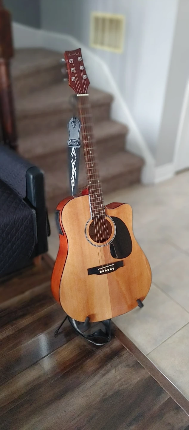 Acoustic Guitar with Case, Stand, Tuner, and Strings