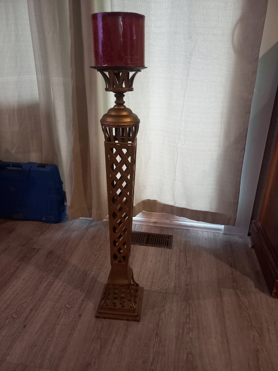 Gold Pedestal Candle Holder with Red Candle