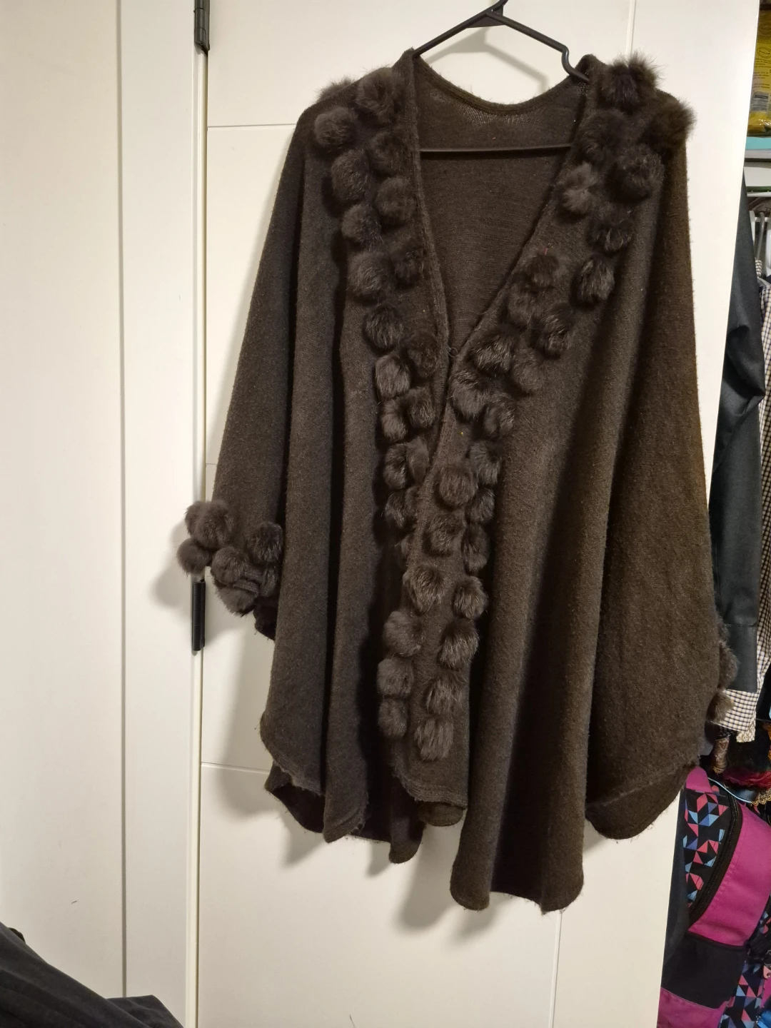 Brown Poncho with Fur Pom-Poms