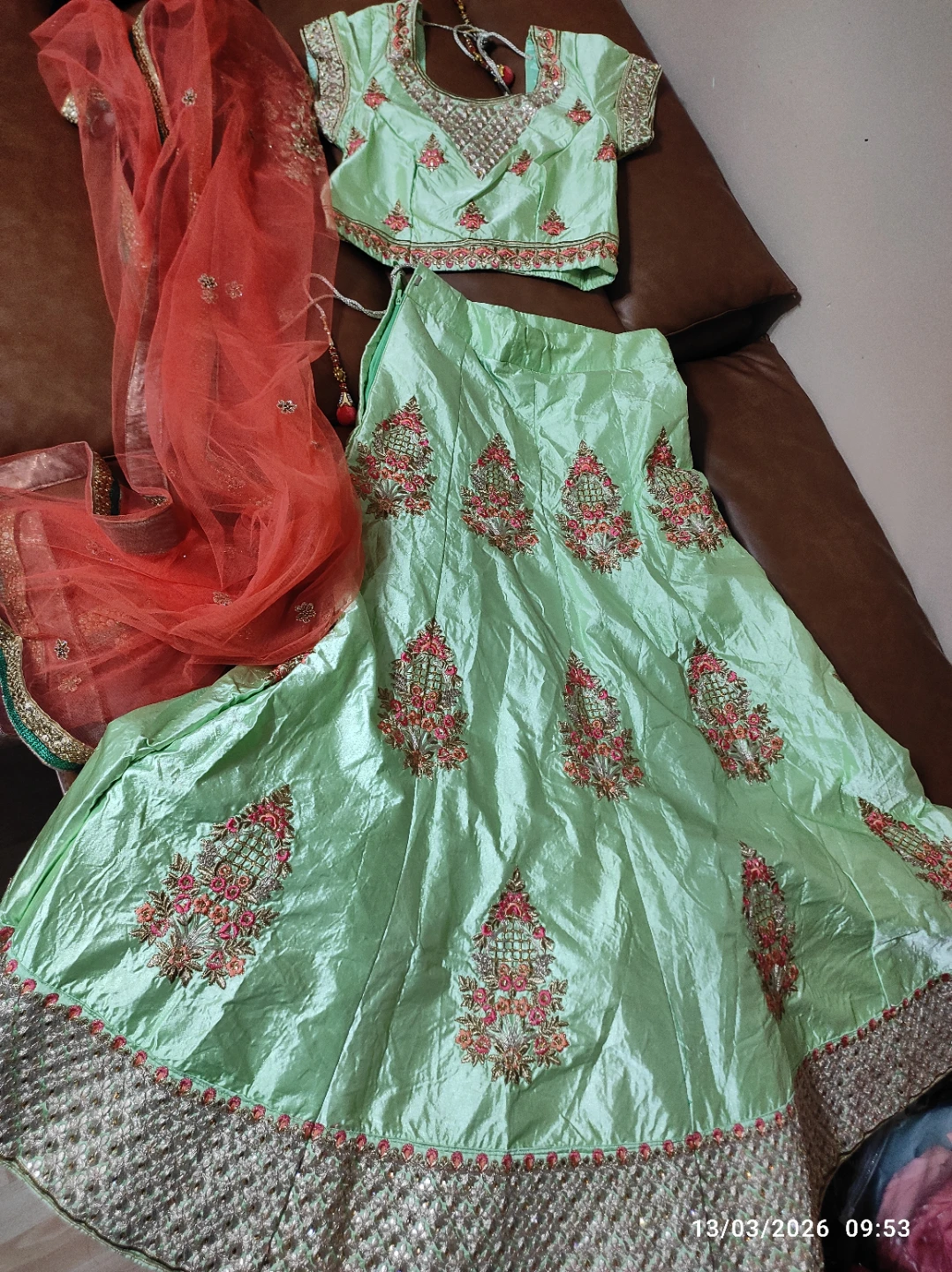 Light Green Embroidered Lehenga Choli Set with Orange Dupatta