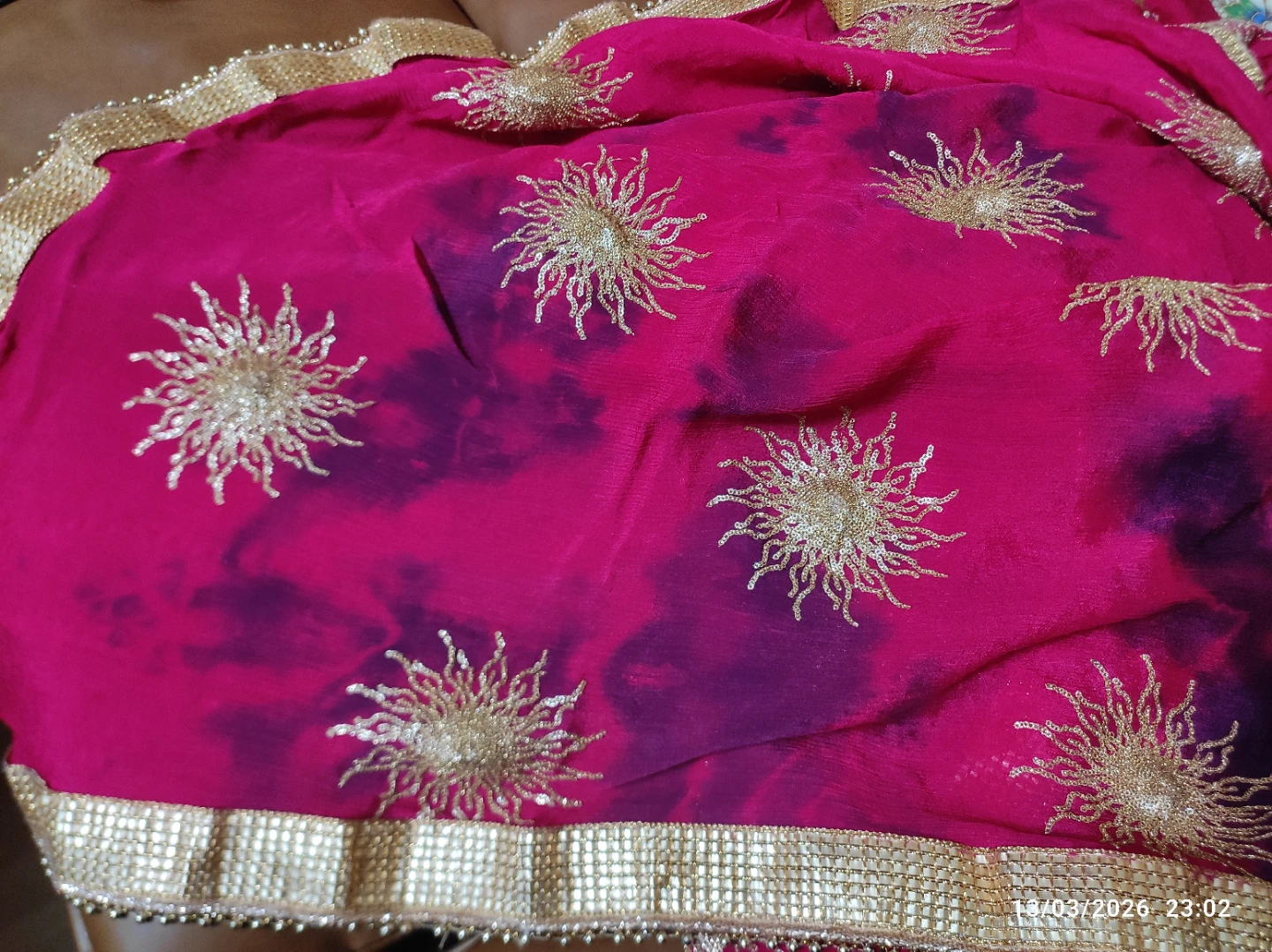 Pink and purple tie-dye fabric with gold embroidered suns - photo 2