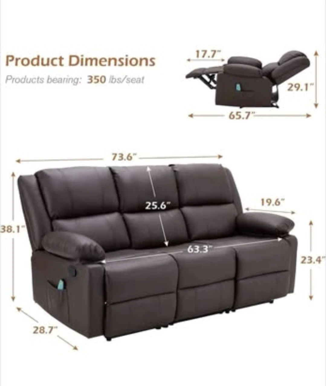 Reclining sofa couch with massagers - photo 3
