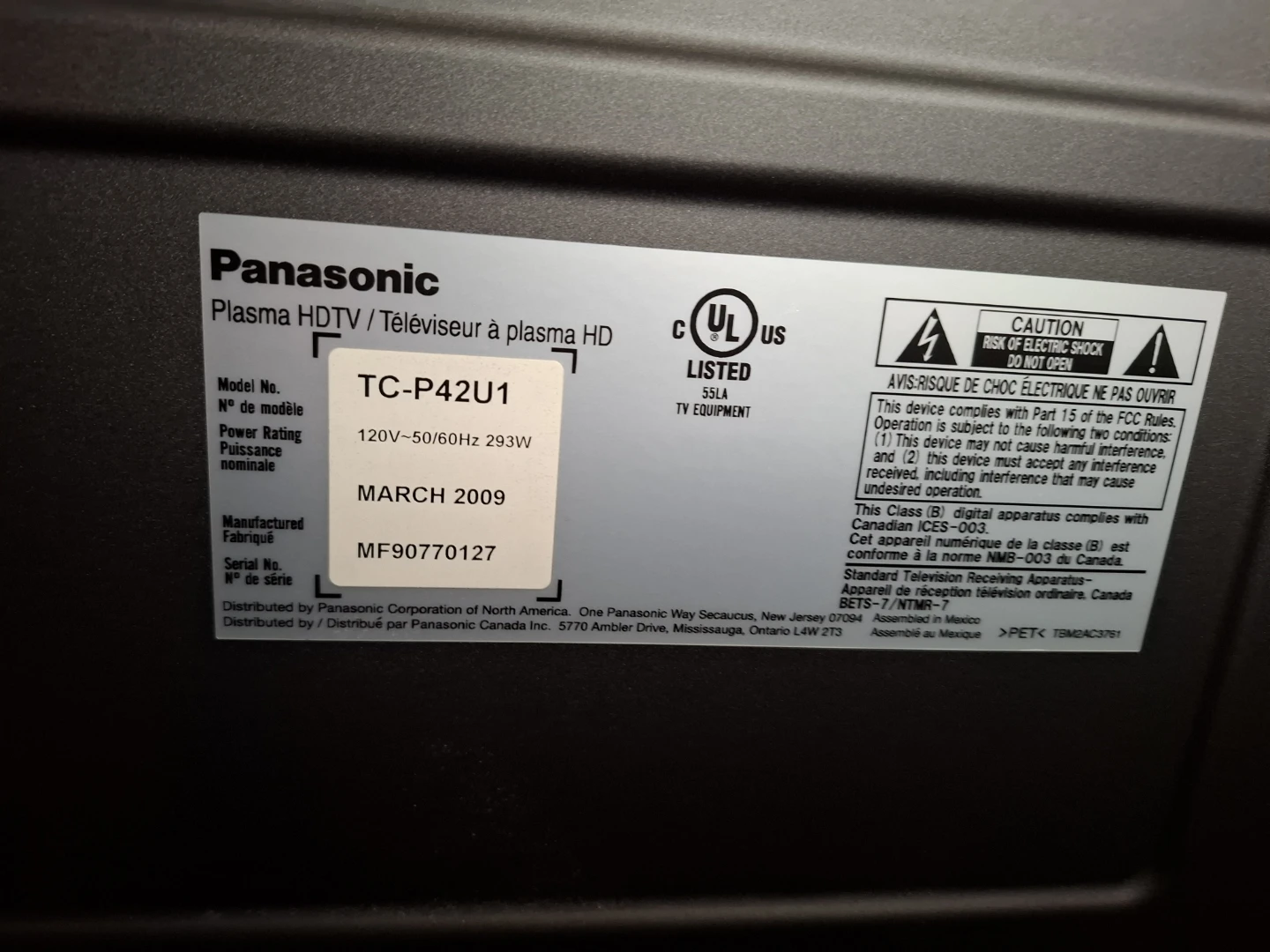 Panasonic TC-P42U1 Plasma HDTV 42" TV - photo 2