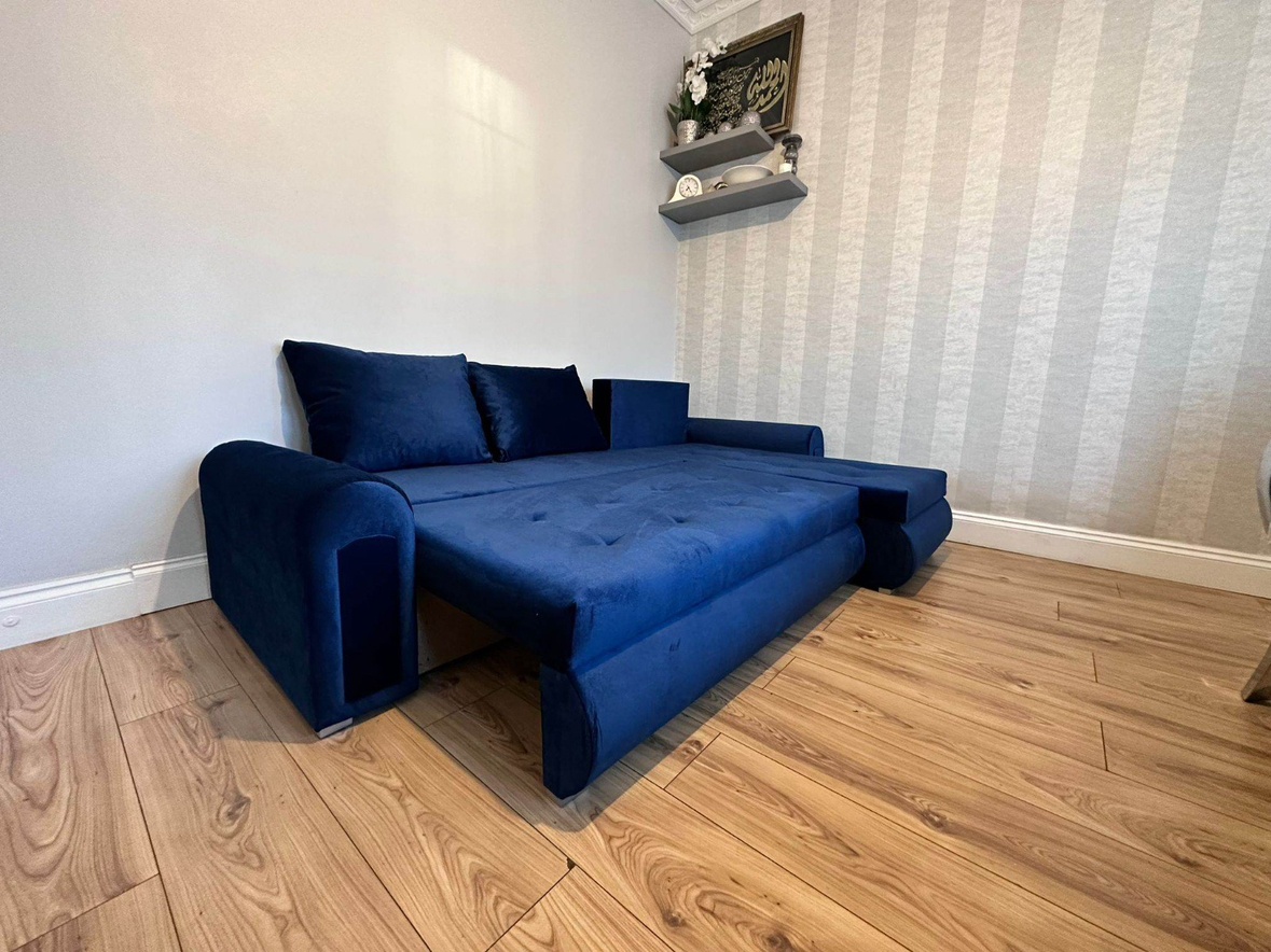 Blue Velvet L-Shaped Sofa Bed with Storage - photo 2