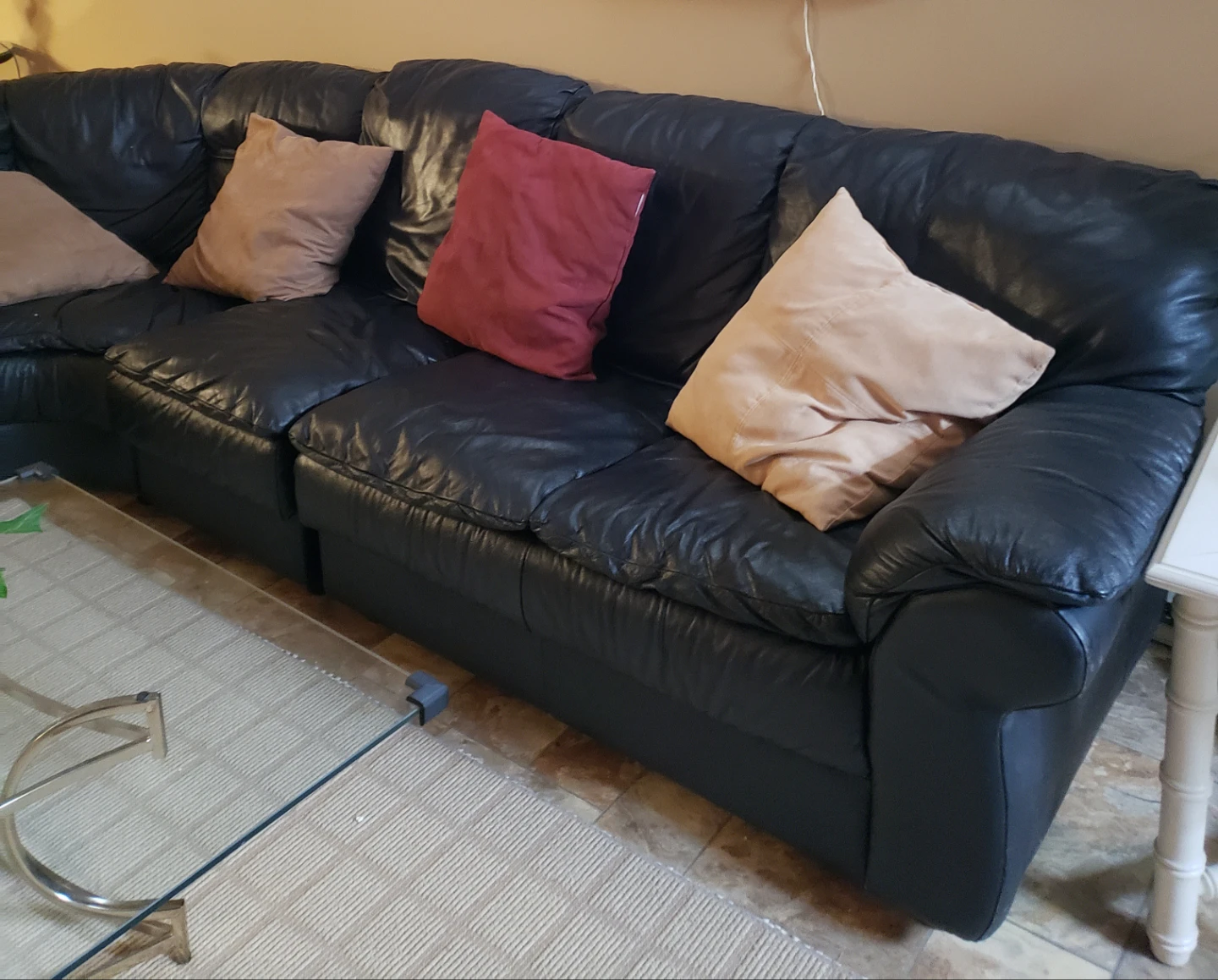 Black Leather Sectional Sofa with Pillows - photo 2