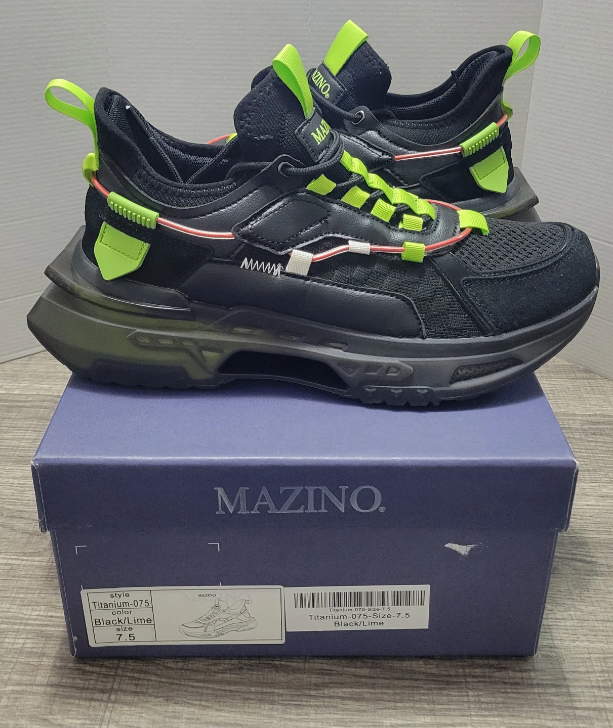 MAZINO. Titanium-075 Men's Black/Lime Sneakers Size 7.5