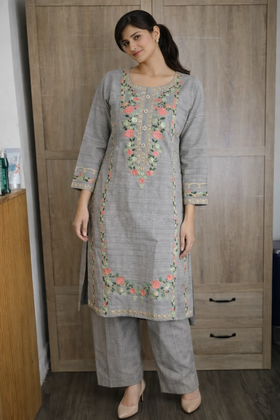 Grey Embroidered Kurti and Pants Set