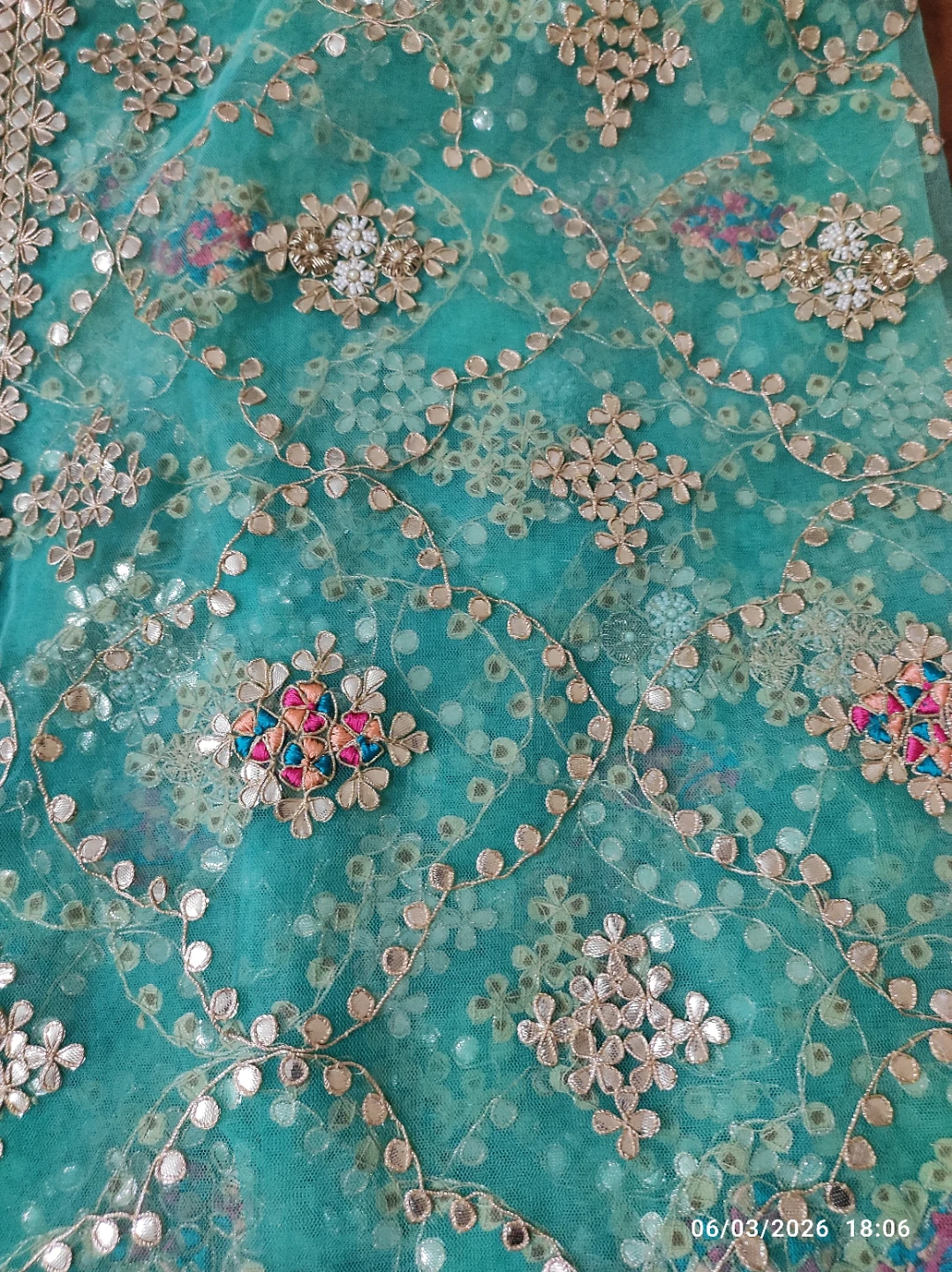 Teal Embroidered Net Fabric with Gold Accents - photo 2