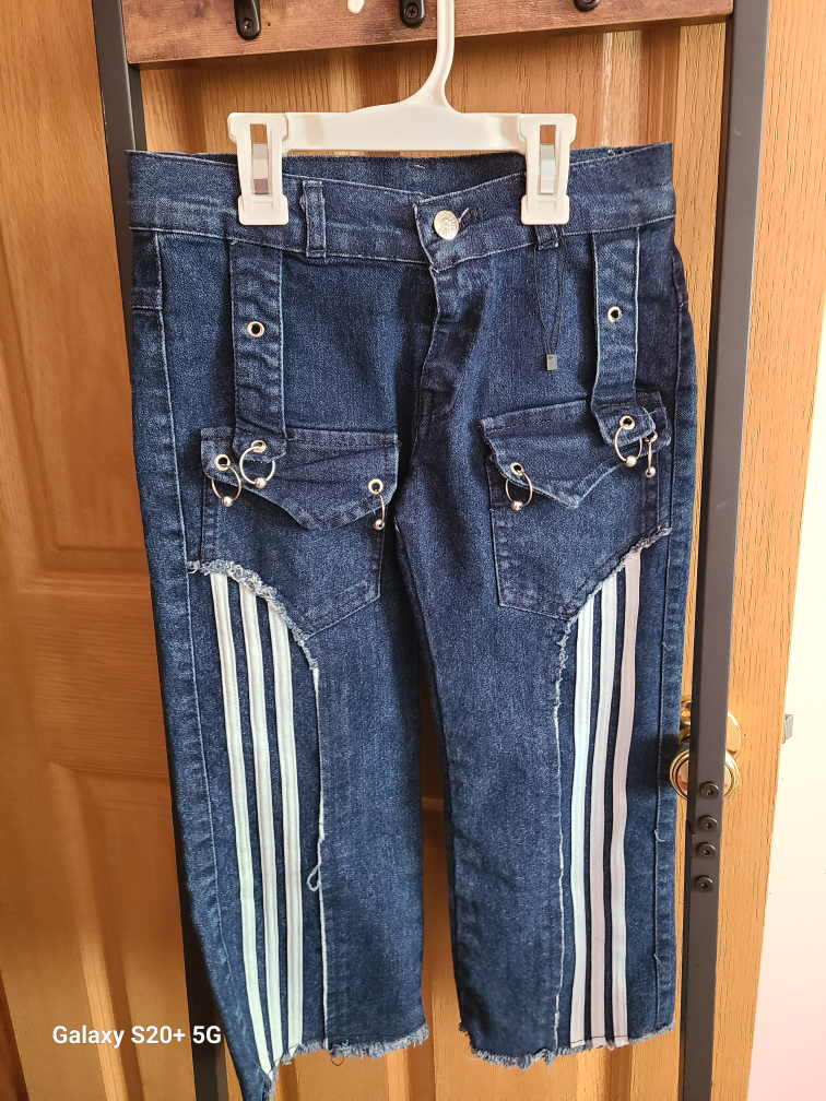Blue Denim Capri Pants with White Stripes