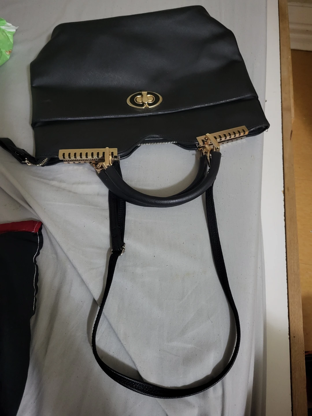 Black Faux Leather Tote Handbag