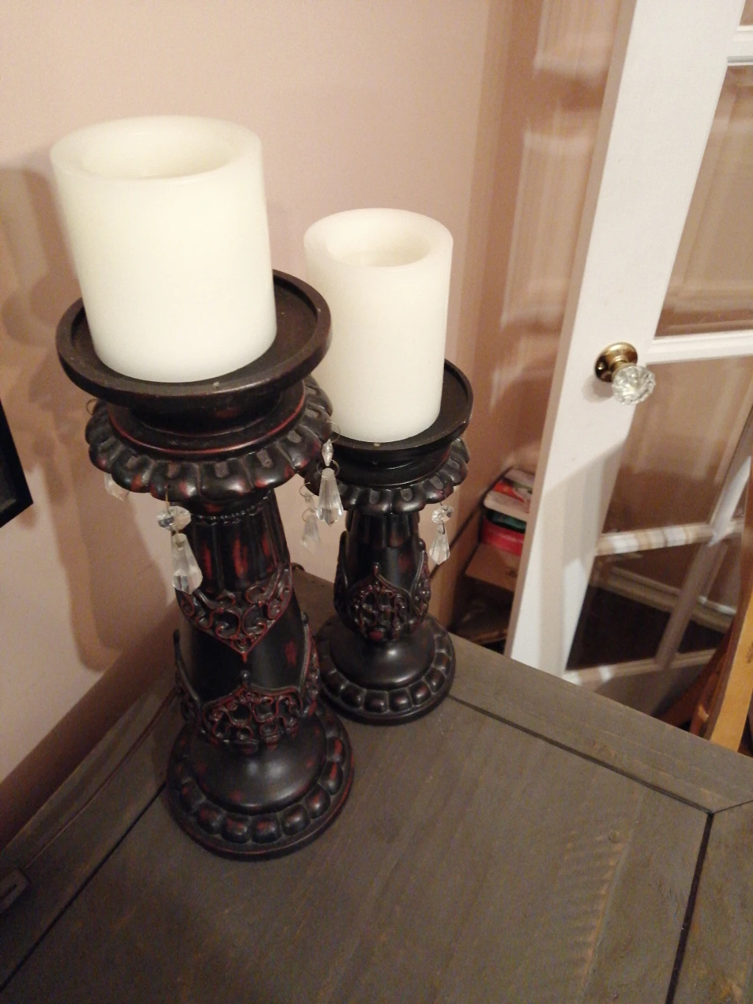 Set of 2 Ornate Black and Red Candlesticks with Crystal Dangles - photo 4