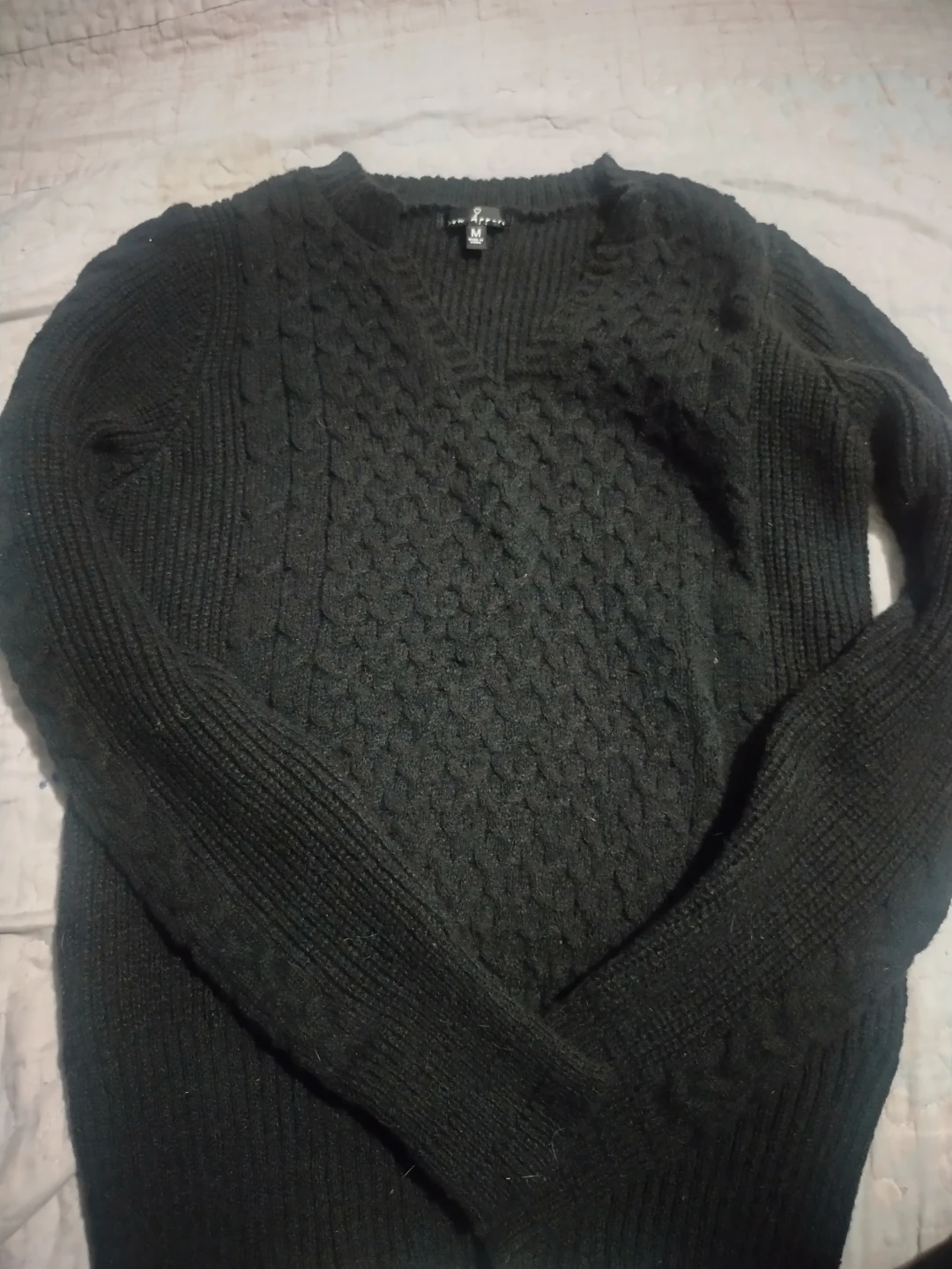 Black Cable Knit V-Neck Sweater