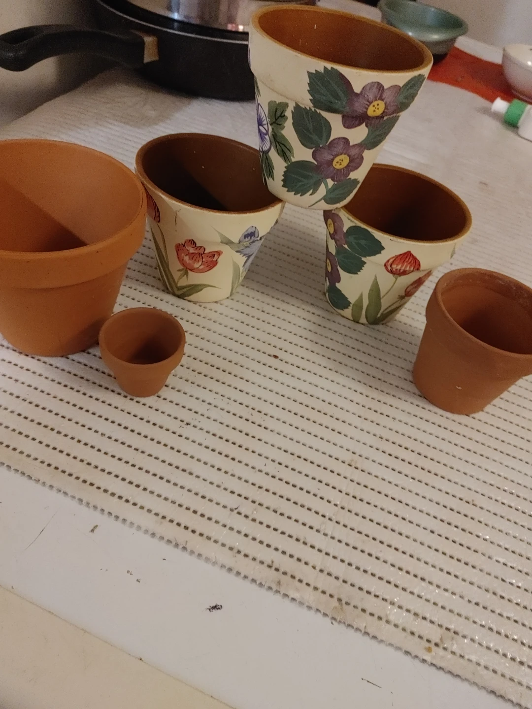 Set of 6 Terracotta and Painted Flower Pots