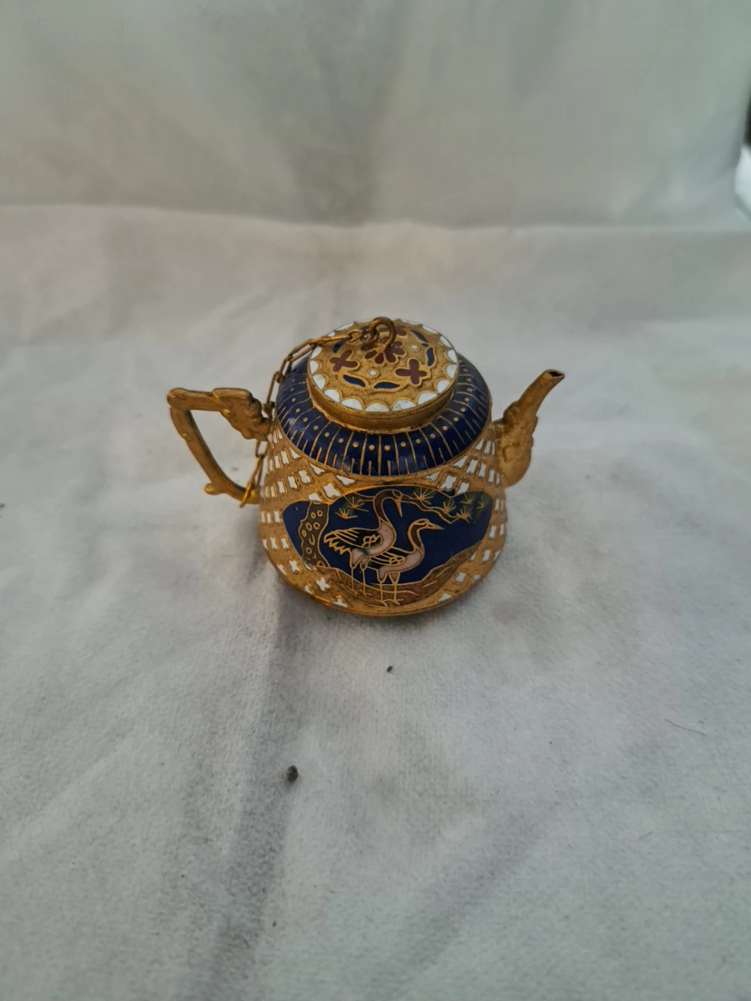Vintage Decorative Miniature Cloisonné Teapot with Crane Design