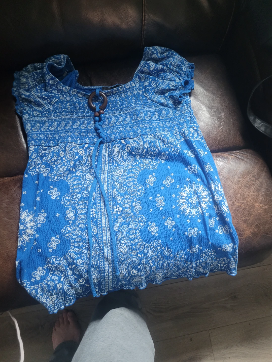 Blue paisley print peasant blouse